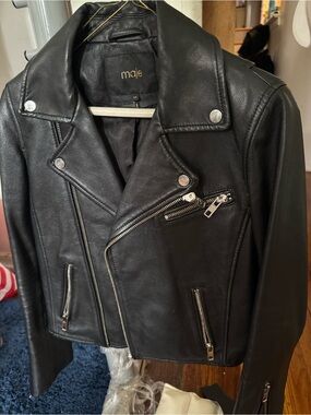 Maje Black Leather Biker Jacket with Silver Hardware